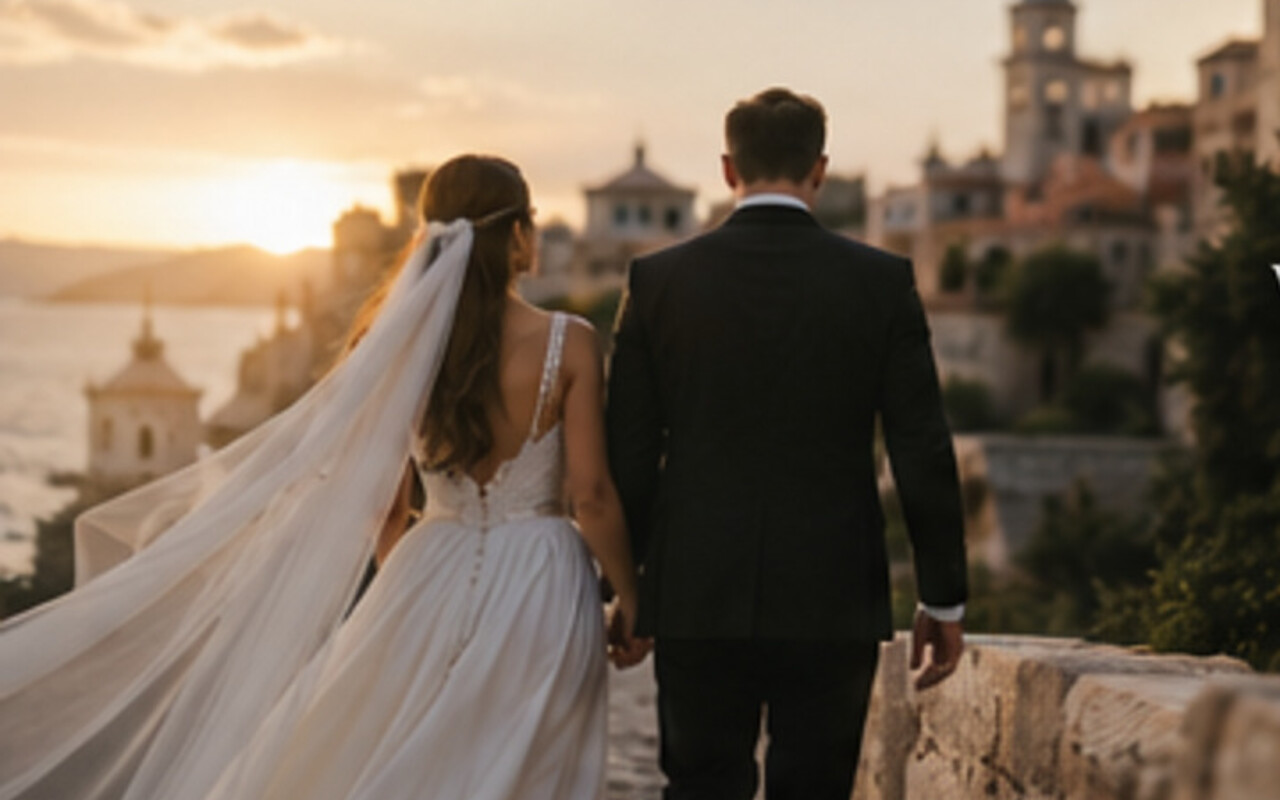 A wedding couple walking together at golden hour
